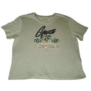 Guess Sequin Palm Trees Large Green T shirt Rhinestone Beaded Organic Cotton